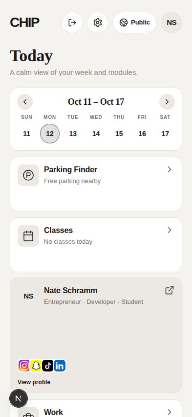 Dashboard v2 — single-column, serif Today